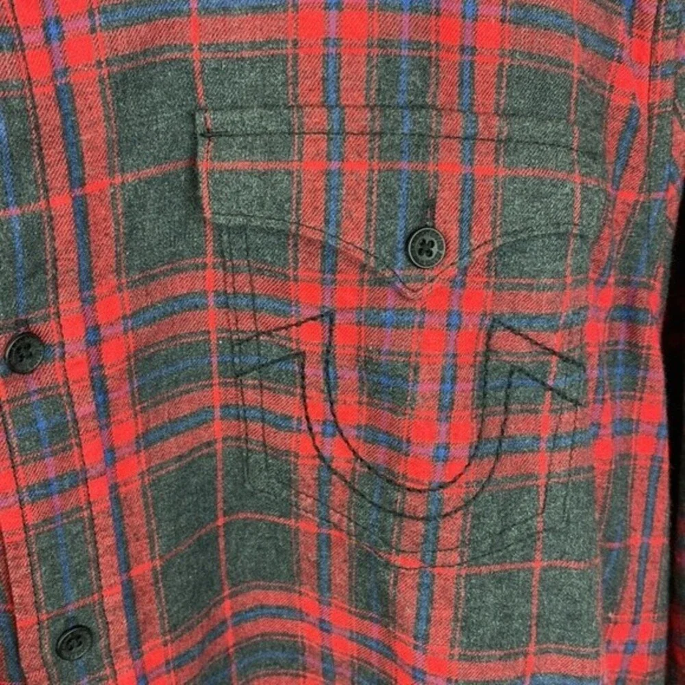 True Religion Grey & Red Western Plaid Gingham Long Sleeve Button Up Shirt XL